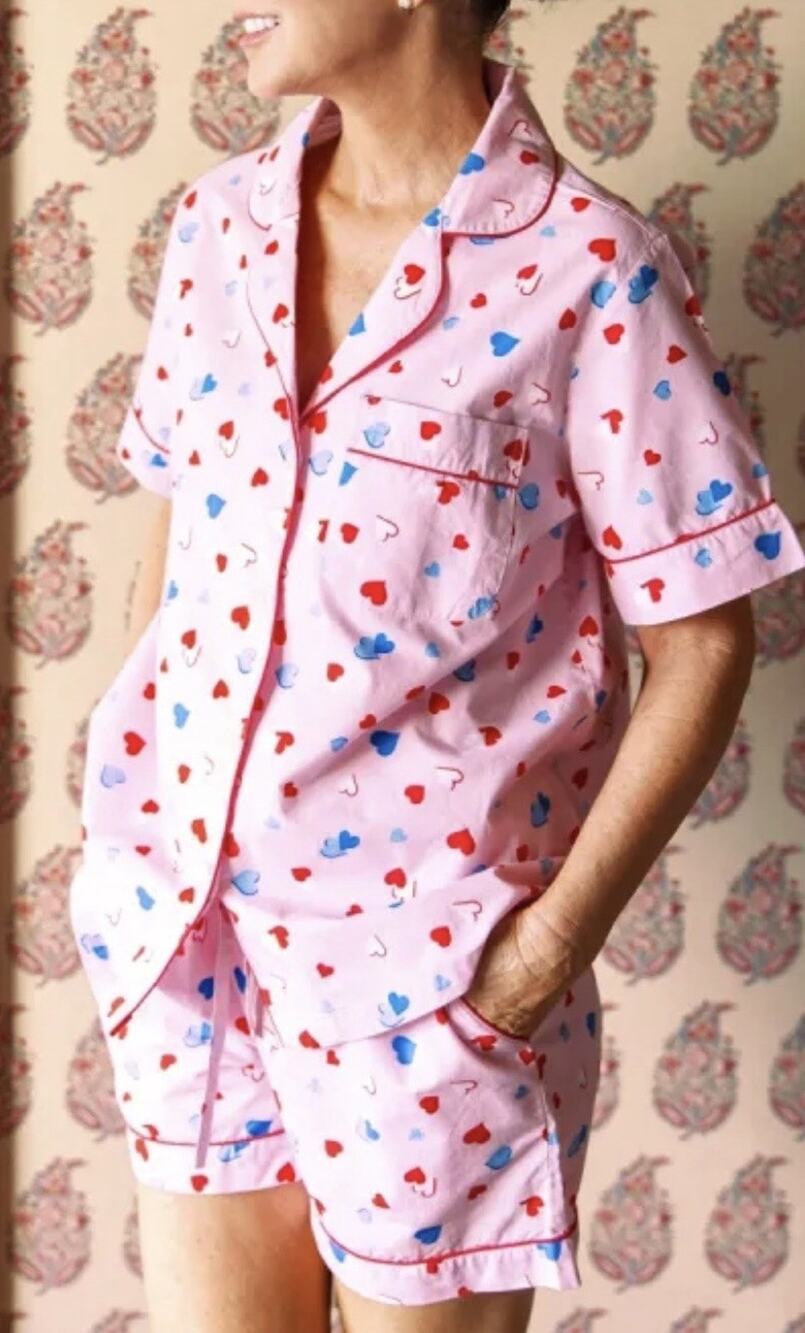 Print Fresh x Pencil & Paper PJ Set 2X Pink Hearts Shirt Shorts Organic Cotton